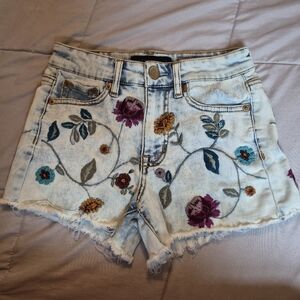 Aeropostale Floral Embroidered Denim Shorty Shorts, Size 000, High Waisted Midi